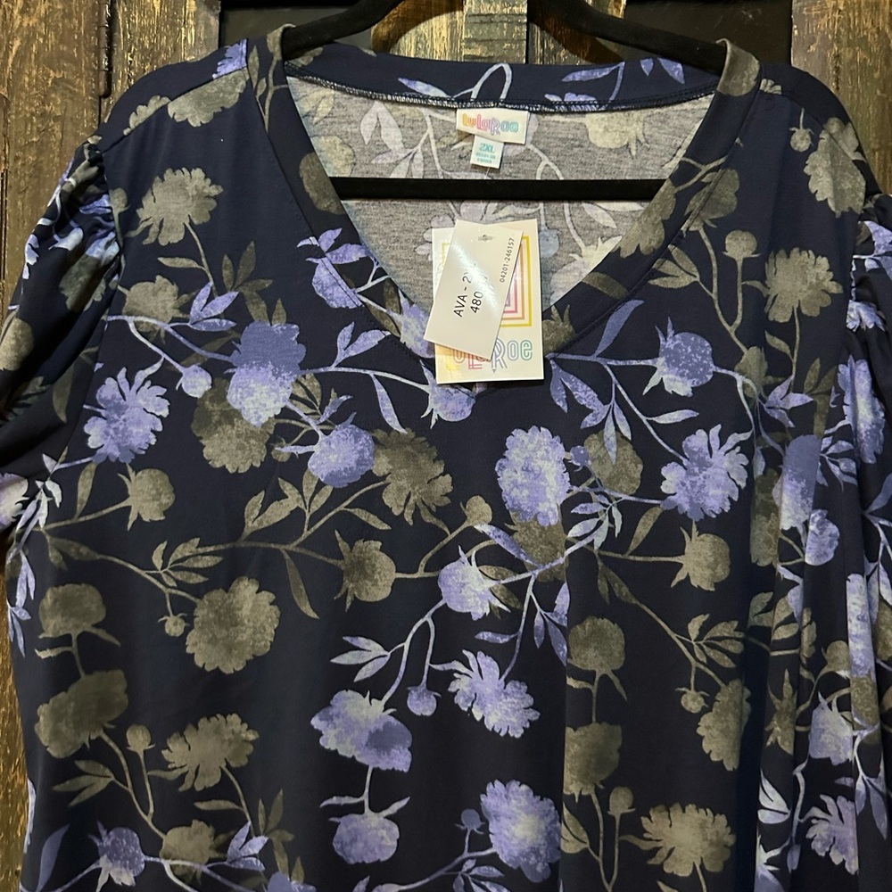 Lularoe AVA Women’s Size 2XL Blue Floral V-neck Mutton Long Sleeve Dress NWT - Picture 4 of 8